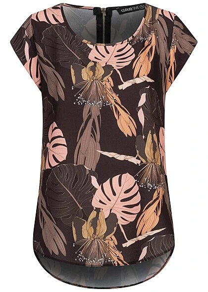 Cloud5ive Damen Struktur Blusen Shirt Mit Zipper Hinten Tropicalprint Schwarz Multic. 3 Cloud5ive Damen Struktur Blusen Shirt Mit Zipper Hinten Tropicalprint Schwarz Multic.