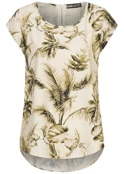 Cloud5ive Damen Struktur Blusen Shirt Mit Zipper Hinten Palmen Print Off Weiss