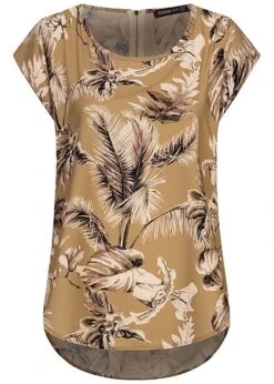 Cloud5ive Damen Struktur Blusen Shirt Mit Zipper Hinten Palmen Print Camel Braun