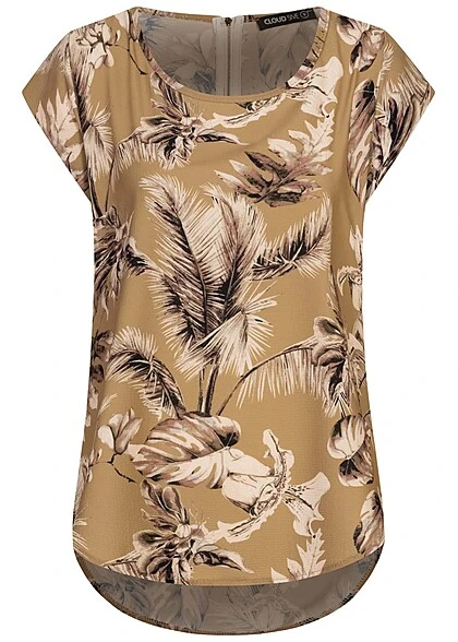 Cloud5ive Damen Struktur Blusen Shirt Mit Zipper Hinten Palmen Print Camel Braun 3 Cloud5ive Damen Struktur Blusen Shirt Mit Zipper Hinten Palmen Print Camel Braun