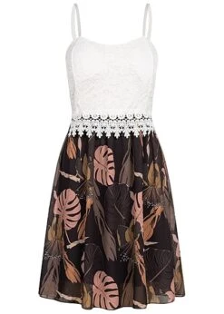 Cloud5ive Damen Spitzenkleid Mit Floral Print Mit Verst. Trägern Weiss Schwarz Rose