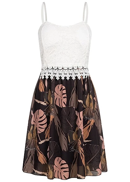 Cloud5ive Damen Spitzenkleid Mit Floral Print Mit Verst. Trägern Weiss Schwarz Rose 3 Cloud5ive Damen Spitzenkleid Mit Floral Print Mit Verst. Trägern Weiss Schwarz Rose