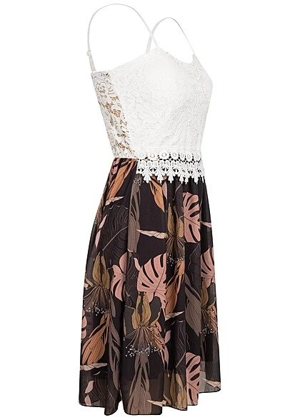 Cloud5ive Damen Spitzenkleid Mit Floral Print Mit Verst. Trägern Weiss Schwarz Rose 4 Cloud5ive Damen Spitzenkleid Mit Floral Print Mit Verst. Trägern Weiss Schwarz Rose – Bild 2