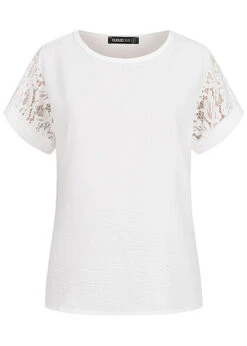 Cloud5ive Damen Viskose T-Shirt Mit Spitzenärmeln Weiss