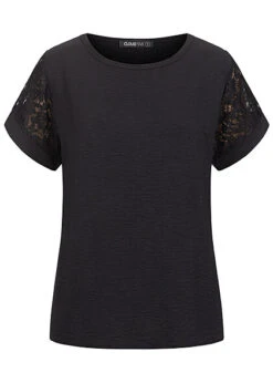 Cloud5ive Damen Viskose T-Shirt Mit Spitzenärmeln Schwarz