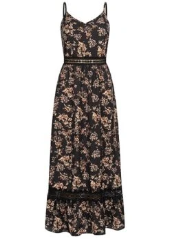Cloud5ive Damen Träger-Kleid Mit Häkelbordüre Und Ditsy Print Schwarz