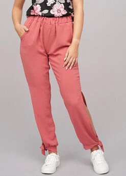 Cloud5ive Damen Musselin Hose Mit Seitlichen Schlitzen Und Bindedetails Rose Braun