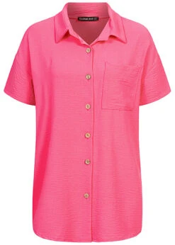 Cloud5ive Damen Musselin Kurzarm Hemd Mit Knopfleiste Und Brusttasche Pink