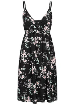 Cloud5ive Damen Träger Kleid Mit Seitlich. Schlitz Und Blumen Print Schwarz