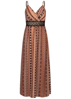 Cloud5ive Damen Maxi Kleid Mit Häkelbordüre Und Barock Print Rose Braun